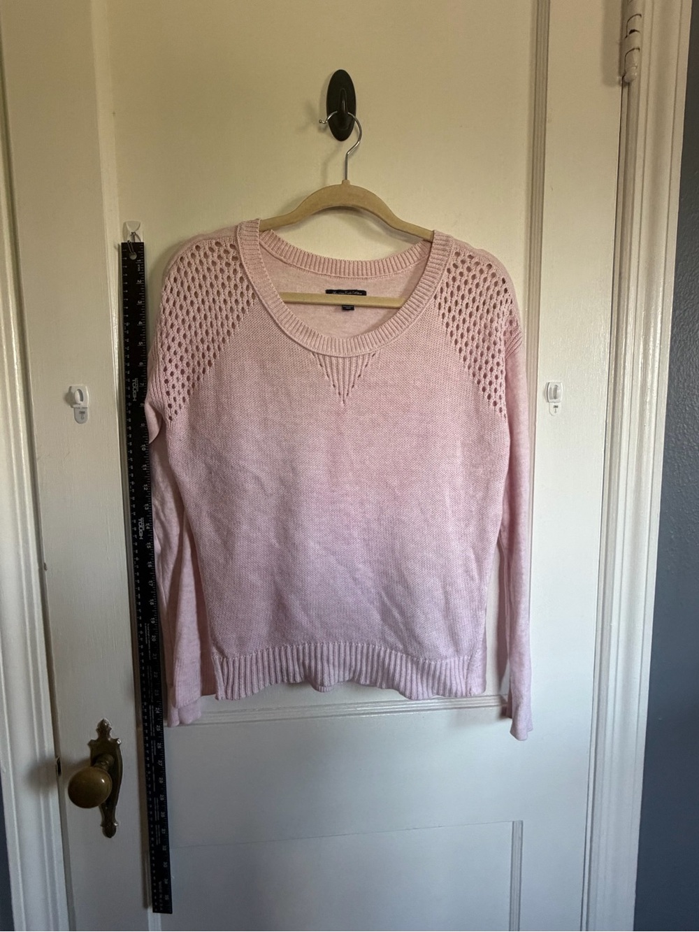 American Eagle Outfitters Light Pink Crewneck Sweater with Open-Shoulder Knit